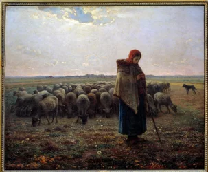 Bergère et ses moutons dit le grand berger. Peinture de Jean François Millet (1814-1875)
