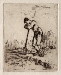 Homme appuyé sur une bêche