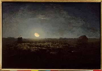 Le parc à moutons, clair de lune. Peinture de Jean François Millet (1814 - 1875)