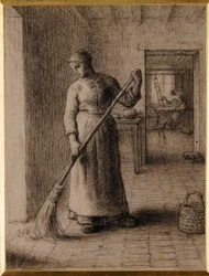 Femme balayant sa maison