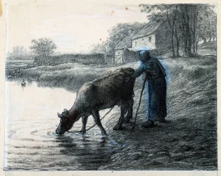 Femme menant sa vache à l
