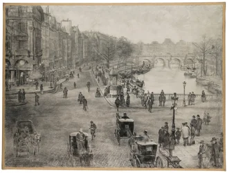 Paris, La place de Saint Michel avec le quai des Grands Augustins et le pont Saint Michel au premier plan et le pont Neuf et le Louvre à l