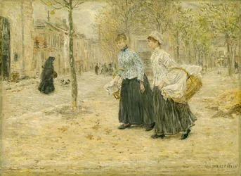 Deux lavandières traversant un petit parc à Paris