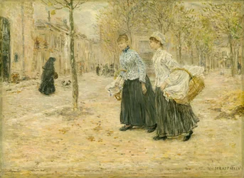 Deux blanchisseuses traversant un petit parc à Paris