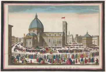 Vue de la cathédrale de Florence avec une procession le jour de la Fête-Dieu