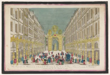 Vue de la décoration de la Rue de la Feronnerie à Paris pour la guérison de Louis XV, roi de France, en 1745