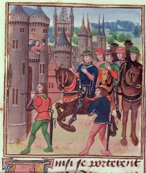 Henry Bolingbroke (Henri IV) entre à Londres, exécuté pour Édouard IV, de Vol IV (couvrant la période de 1389-1400), par Jehan Froissart, vers 1460-80