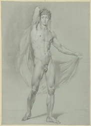 Homme nu debout, avec un drap derrière le dos, vu de face