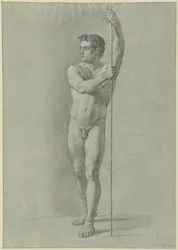 Nu masculin debout avec un bâton