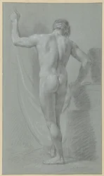 Homme nu debout devant un rideau, vu de dos