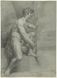 Homme nu assis avec bâton et jambe gauche levée