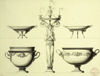 Design pour un Candélabre en Forme de Femme, Deux Coupes en Argent et Deux Plats en Argent
