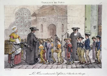 Ancien métier de rue à Paris : les frères conduisant les enfants à Saint-Nicolas-des-Champs, École catholique - Gravure par Jean Henry Marlet dans Les Tableaux de Paris, série de 72 estampes, fin du 19e siècle