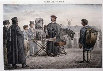 Ancienne rue métier à Paris : le marchand de mort-aux-rats (camelot). Gravure par Jean Henry Marlet (1771-1847) dans « Les Tableaux de Paris », série de 72 estampes, fin 19ème siècle