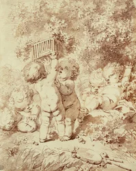 Six putti jouant, deux tenant une cage