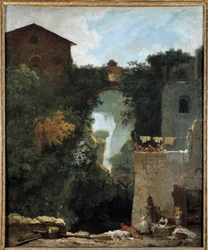 Les cascades de Tivoli Des lavandières dans un paysage de cascades. Peinture de Jean-Honoré Fragonard 18ème siècle