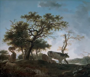 Jeune femme et un berger menant leurs troupeaux