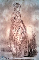 Jeune femme marchant Dessin au sang par Jean Honoré Fragonard