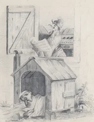 Chien dans sa niche, coq chantant à la fenêtre, vers 1842.
