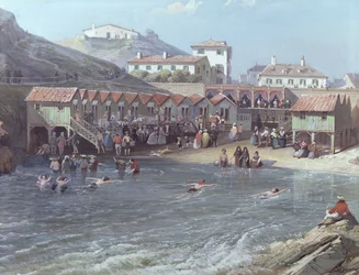 Le Début de la baignade en mer dans le vieux port de Biarritz (1858)