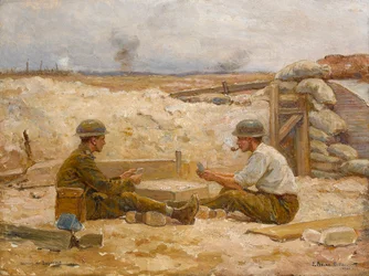 Deux officiers britanniques jouant aux cartes devant leur abri, Secteur de Bapaume, 1918-20