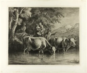 Bovins et paysans à gué sur un cours d