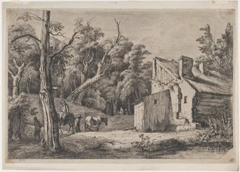 Entrée de la forêt de Brie avec un cottage à droite