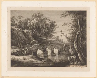 Paysage avec des figures sur un pont de pierre