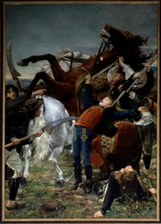 Révolution française : « Mort de Joseph Bara (1779-1793) ». Joseph Bara ou Barra (1780-1793) était un enfant héros de la Révolution française qui combattit en Vendée pour la République. Peinture de Jean Joseph Weerts (1849-1927), 1883. Huile. 3,50 x 2,50