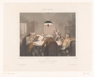 Sept hommes lisant à une table