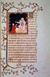 Duc Jean Ier de Berry (1340-1416) devant la Sainte Trinité Miniature tirée du manuscrit (ms. lat. 18014) « Les Petites Heures de Jean de Berry » enluminé par Jean le Noir, vers 1375. Paris, B.N.