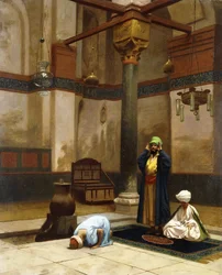 Trois personnages priant dans un coin de mosquée