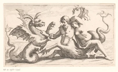 Triton avec une femme combattant un monstre marin