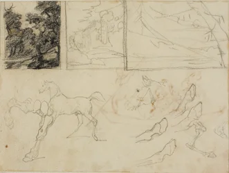 Feuille de croquis : trois paysages, chevaux et sabots