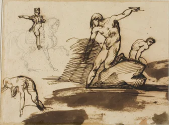 Étude de Napoléon à cheval avec croquis de nus parmi les rochers