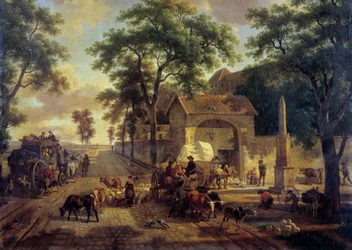 Paysage avec charrette de paysans, troupeaux et bergers