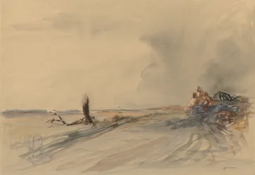 Terre dévastée, figures dans un paysage v. 1919 (lavis gris, aquarelle et gouache)