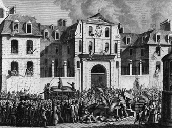 Révolution française : Pillage de la maison Saint-Lazare à Paris le lundi 13 juillet 1789 par les révolutionnaires. Gravure de Berthaut d