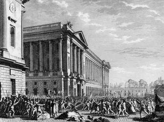 Révolution française : Le pillage des armes à la garde-meuble (ou garde-meuble actuel hôtel de la Marine) le 13 juillet 1789, Place de la Concorde, Paris : la foule, inquiète de l