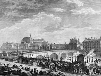 Révolution française : Triomphe de François Marie Arouet dit Voltaire (1694-1778) le 11 juillet 1791 (le char funèbre des restes de Voltaire passe sur le Pont Royal). Gravure par Berthaut d