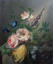 Nature morte de roses, fleurs de la passion, une tulipe et d