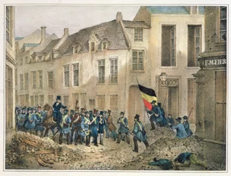 La rue de Louvain, Bruxelles, 23 septembre 1830, gravé par A.M. Jobard