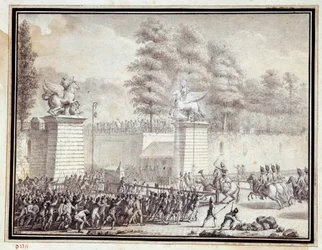 Révolution française : « Monsieur de Lambesc entrant aux Tuileries avec un détachement du Régiment Royal Allemand le 12 juillet 1789 »