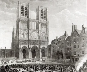 Thomas de Mahy (1744-90) Marquis de Favras faisant des excuses honorables devant Notre-Dame, gravé par Pierre Gabriel Berthault (1737-1831) 1790