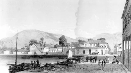 Douane et quai Saint-Vincent, Trinidad, gravé par Eugene Ciceri, vers 1850