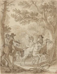 Dame et gentilshommes à cheval dans un parc