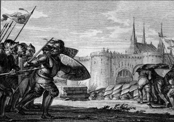 Armée viking attaquant Saint Germain des Prés et son abbaye. 9ème siècle. Gravure de Jean Michel Moreau, dit Moreau le Jeune (1741-1814)