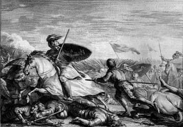 Bataille de Fontenoy, 841 : fuite de Lothaire Ier après la défaite de son armée. Gravure de Jean Michel Moreau, dit Moreau le Jeune