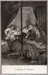 Castration de Pierre Abélard ou Pierre Abailard philosophe et théologien français (1079-1142). Gravure par Moreau