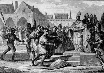 Charles III le Simple (879-929) est rétabli sur le trône de France par Foulques, archevêque de Reims, 892. Gravure de Jean Michel Moreau, dit Moreau le Jeune (1741-1814)